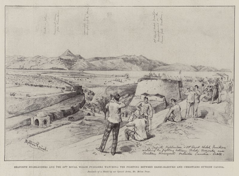 Seaforth Highlanders a 23rd Royal Welsh Fusiliers sledující boje mezi Bashi-Bazouky a křesťany mimo Candia od Melton Prior