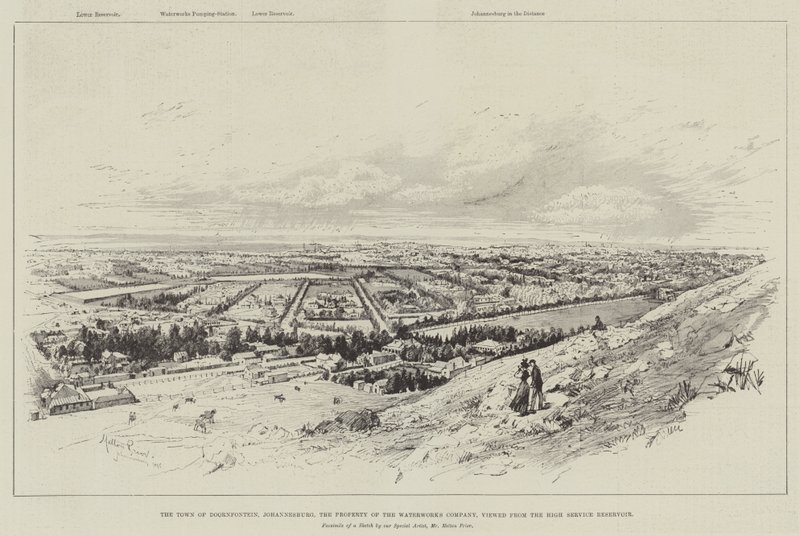 Město Doornfontein, Johannesburg, majetek Vodárenské společnosti, při pohledu z High Service Reservoir od Melton Prior