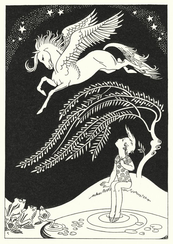 Dolů šel Pegasus v širokých širokých kruzích (barva litho) od Merlyn Mann