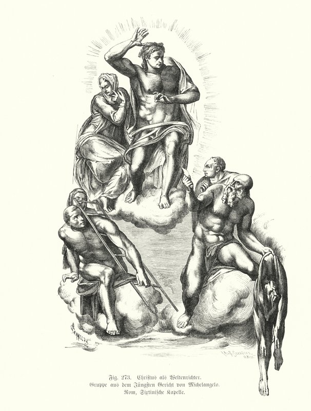 Kristus soudce, detail z Michelangelova posledního soudu, malba na oltářní stěně Sixtinské kaple, bazilika svatého Petra, Řím, Itálie (rytina) od Michelangelo (after) Buonarroti