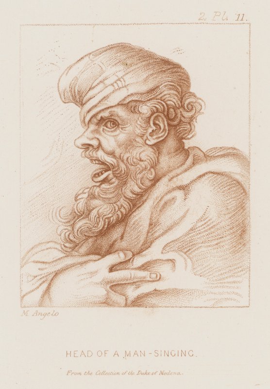 Hlava muže zpívajícího (lept) od Michelangelo (after) Buonarroti