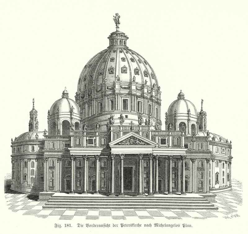 Pohled na Michelangelův návrh na fasádu baziliky svatého Petra, Řím, Itálie (rytina) od Michelangelo (after) Buonarroti