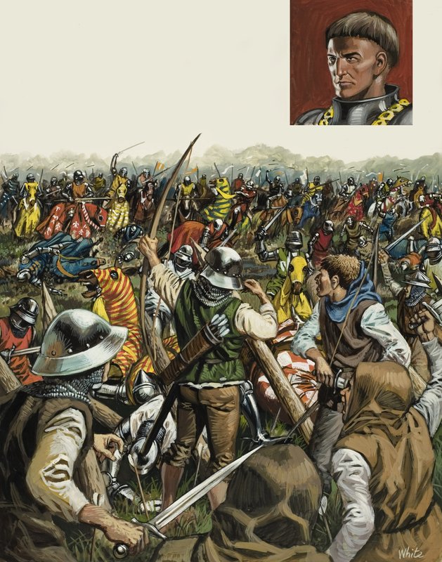Bitva u Agincourtu, 25. října 1415 (kvaš na papíře) od Mike (20th century) White