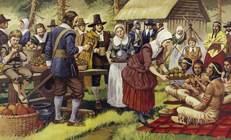 První Den díkůvzdání v roce 1621, rok poté, co otcové poutníci opustili Starý svět (barevná litografie) od Mike (20th century) White