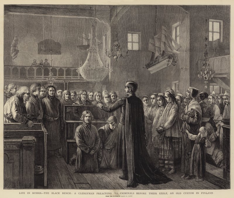 Život v Rusku, černá lavice, kázání duchovního zločincům před vyhnanstvím, starý zvyk ve Finsku od Mikhail Konstantinovitch Clodt von Jurgensburg