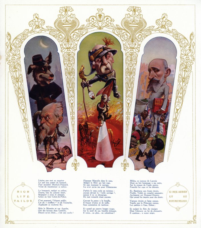 Karikatury; Louis Lepine, prefekt Paříže; Georges Clemenceau, francouzský politik a předseda vlády; Raphael Millies-Lacroix , francouzský politik a ministr kolonií (barva litho) od Moloch