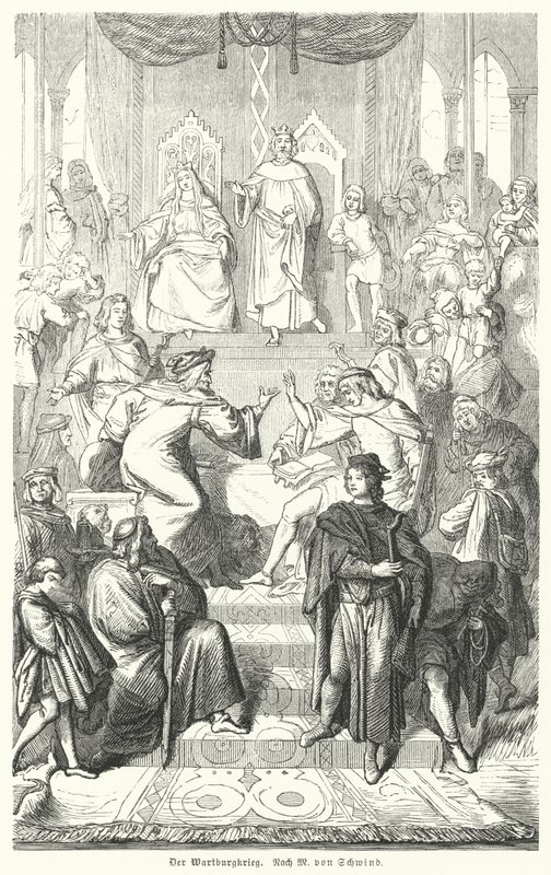 Sangerkrieg, soutěž mezi pěvci na hradě Wartburg v Durynsku v roce 1207 (rytina) od Moritz Ludwig von (after) Schwind