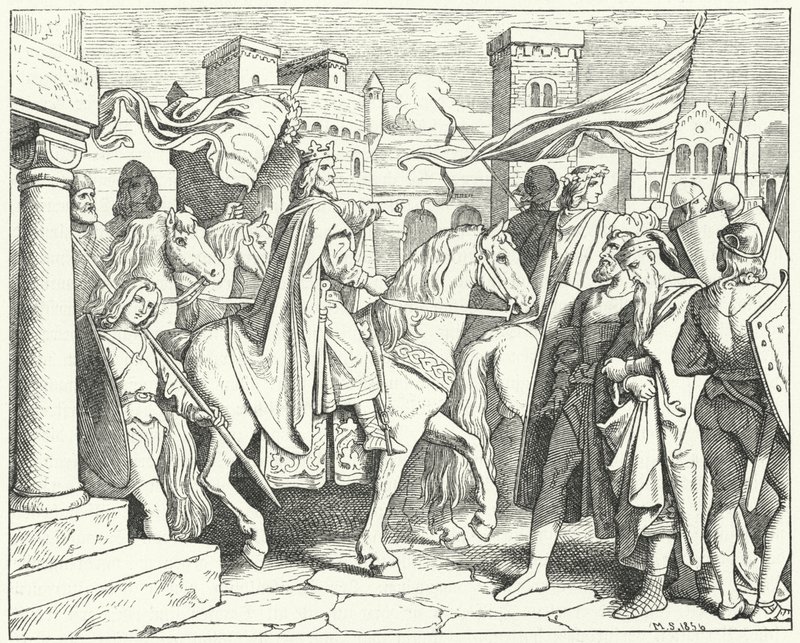 Karel Veliký vstupuje do Pavie, 774 (rytina) od Moritz Ludwig von Schwind