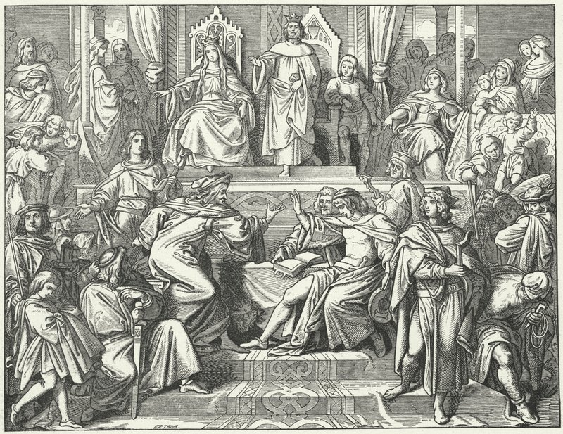Sangerkrieg, soutěž mezi pěvci na hradě Wartburg v Durynsku v roce 1207 (rytina) od Moritz Ludwig von Schwind