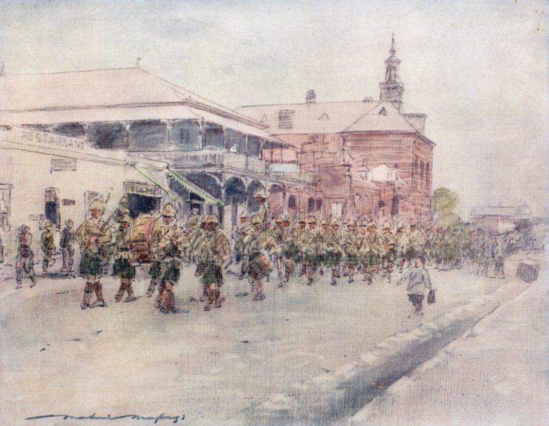 Highlanders pochodující přes Bloemfontein od Mortimer Ludington Menpes