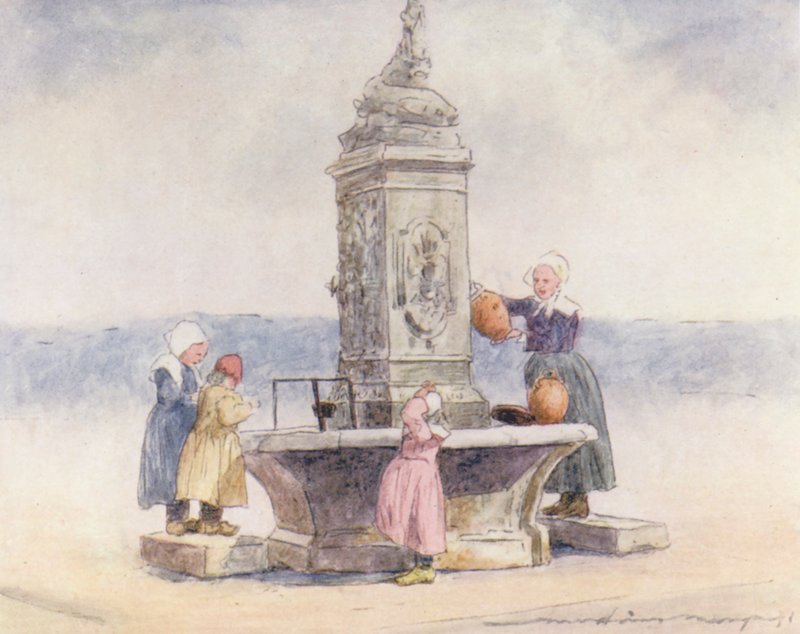 U fontány, Concarneau (barevná litografie) od Mortimer Ludington Menpes