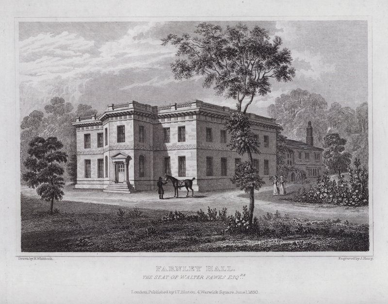 Farnley Hall, sídlo Waltera Fawkse (rytina) od Nathaniel (after) Whittock