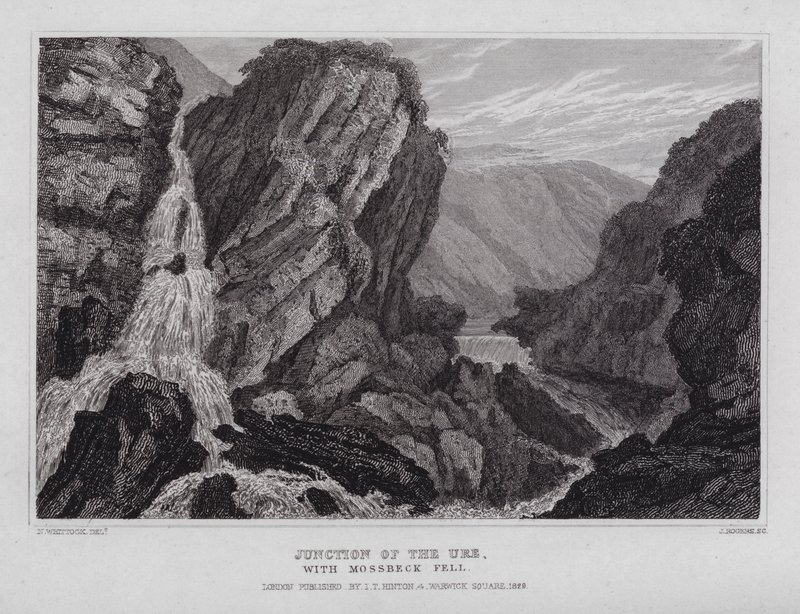 Junction of the Ure, s Mossbeck Fell (rytina) od Nathaniel (after) Whittock