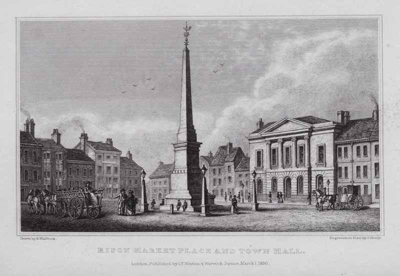 Ripon Market Place a radnice (rytina) od Nathaniel (after) Whittock