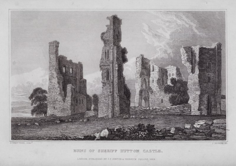 Ruiny hradu šerifa Huttona (rytina) od Nathaniel (after) Whittock
