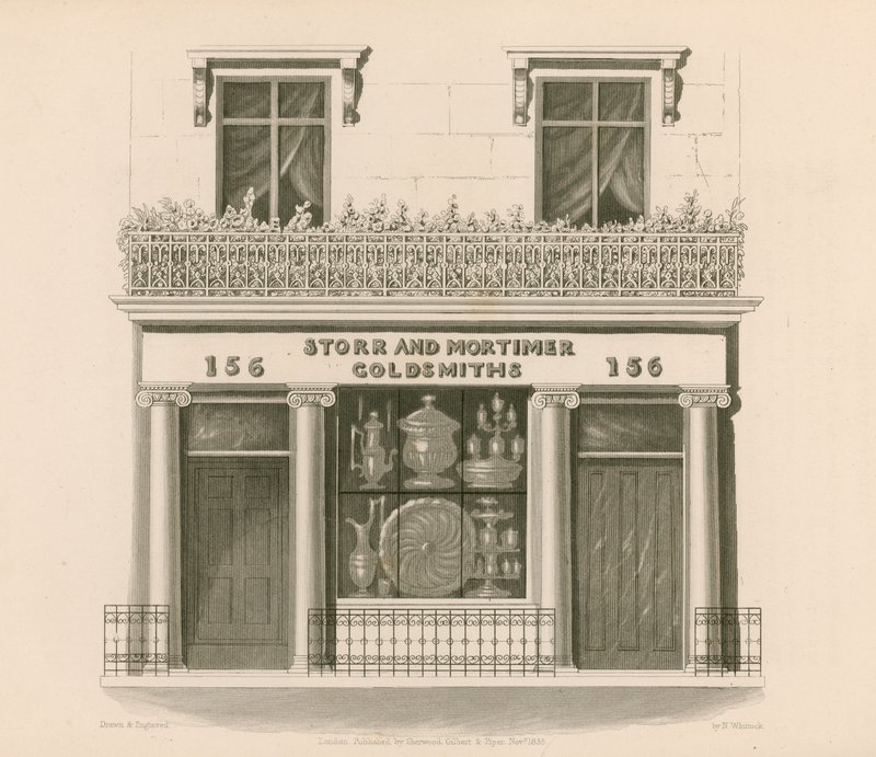 Prodejna v iontovém stylu pánů Storra a Mortimera, zlatníků a klenotníků, č. 156, Bond Street, Londýn od Nathaniel Whittock