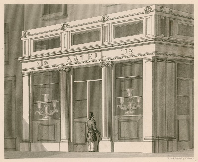 Předprodejna Astell, Wine and Spirit Warehouse, Grafton Street, Tottenham Court Road od Nathaniel Whittock