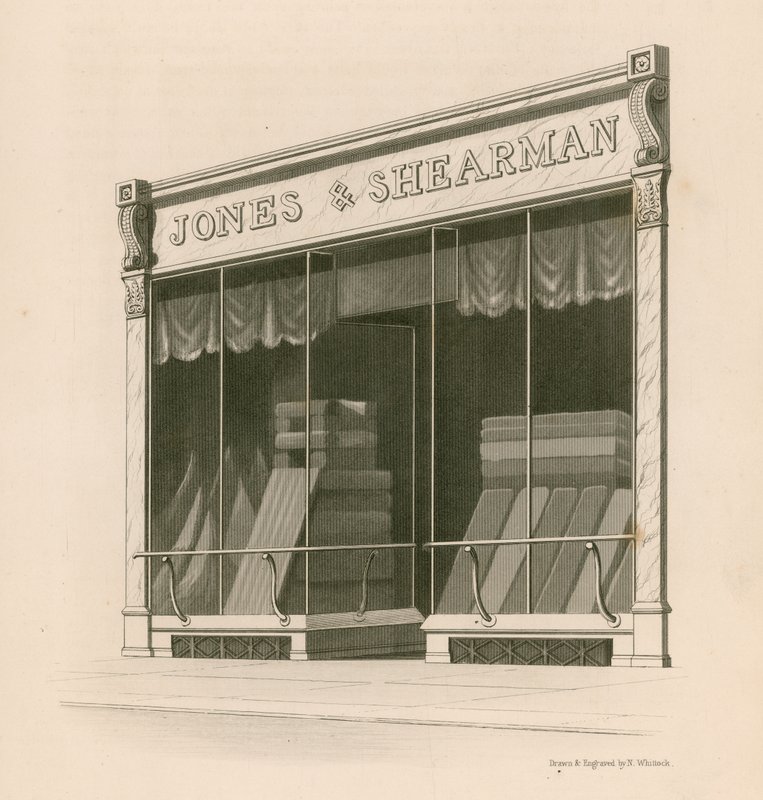 Prodejna před pány Jonesem a Shearmanem, Blackfriars Road, Londýn od Nathaniel Whittock