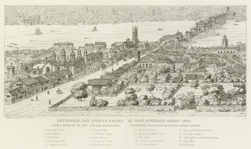Southwark a London Bridge, jak se objevily kolem roku 1546 od Nathaniel Whittock