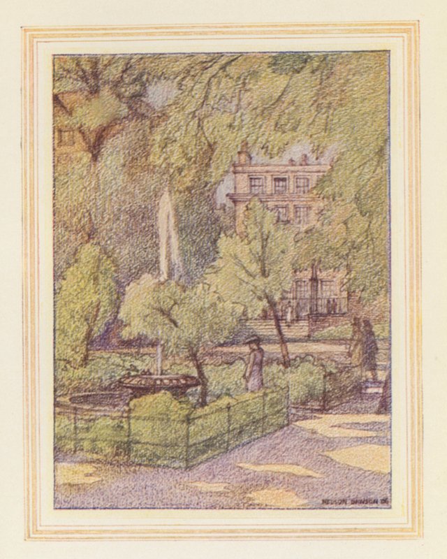 V chrámových zahradách, dvůr s fontánou (barevná litografie) od Nelson Dawson