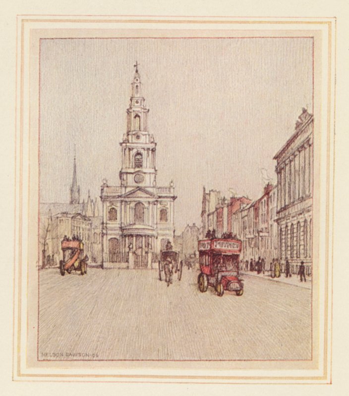 St Mary-le-Strand (barevná litografie) od Nelson Dawson