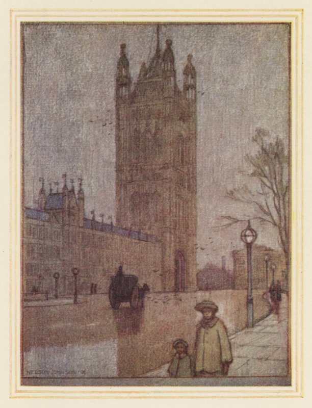 Victoria Tower, Sněmovna lordů (barevná litografie) od Nelson Dawson