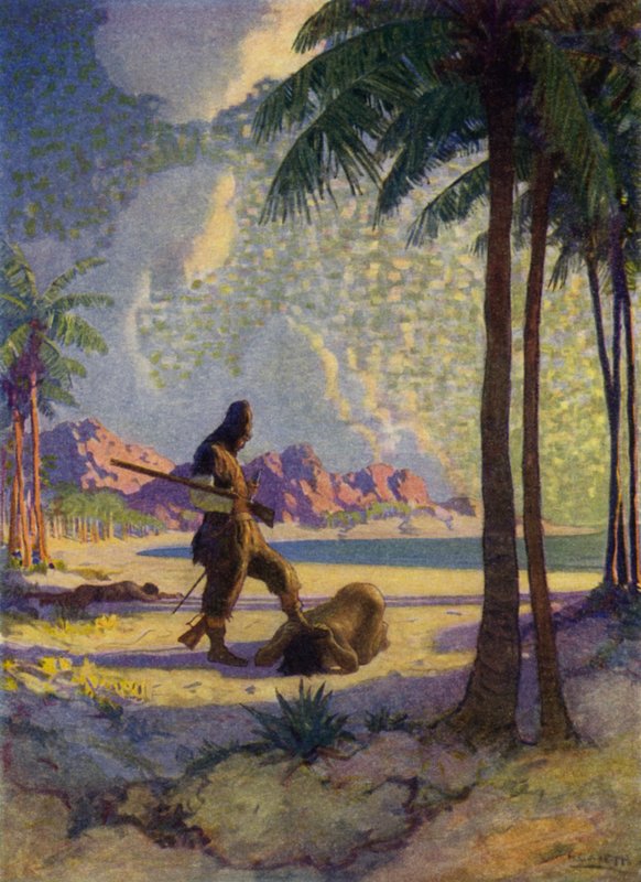 Ilustrace pro Robinson Crusoe (barevné lito) od Newell Convers (after) Wyeth