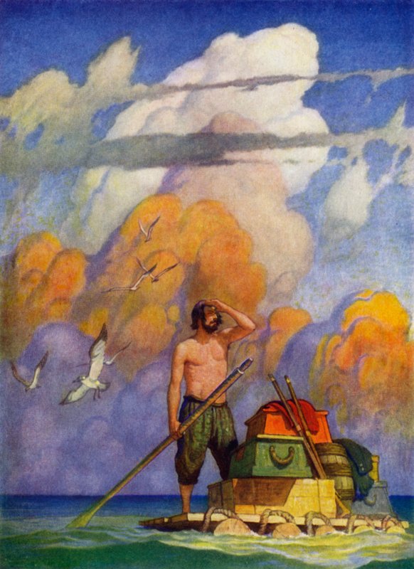 Ilustrace pro Robinson Crusoe (barevné lito) od Newell Convers (after) Wyeth