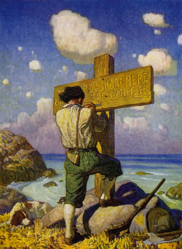 Ilustrace pro Robinson Crusoe (barevné lito) od Newell Convers (after) Wyeth