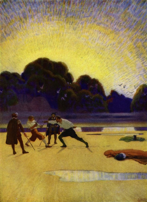 Ilustrace pro Westward Ho! Charles Kingsley (barevné lito) od Newell Convers (after) Wyeth