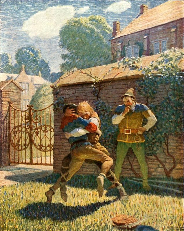 Malý John zápasí v Gamewellu od Newell Convers Wyeth