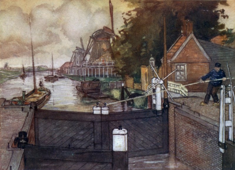 Noordervaldeursluis, Zaandam (barevné lito) od Nico Jungman