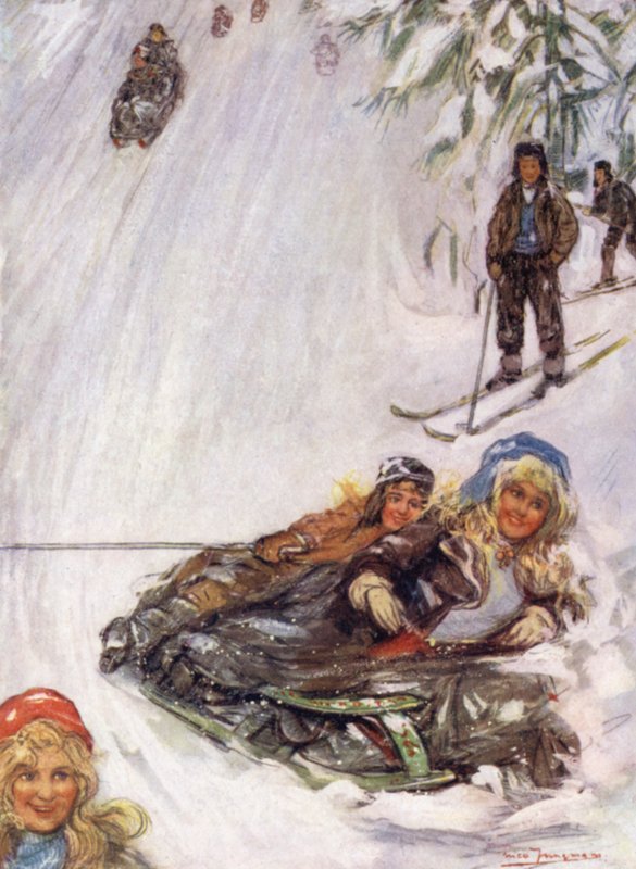 Norsko: Dívky na převrácených saních, Holmencollen (barevné lito) od Nico Jungman