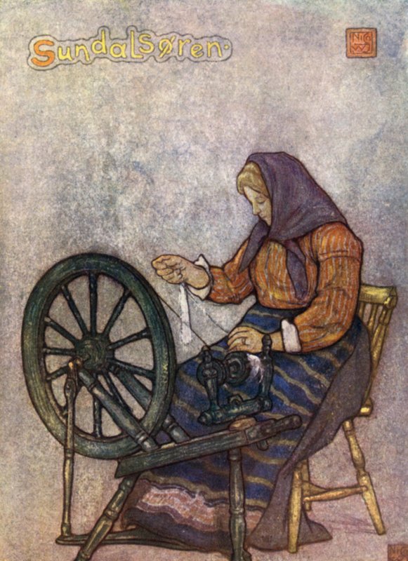 Norsko: Woman Spinning, Sundalsoren (barevné lito) od Nico Jungman
