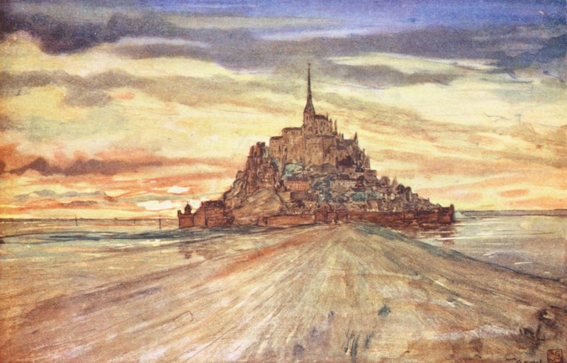 Mont St Michel, západ slunce (barevná litografie) od Nico Jungmann