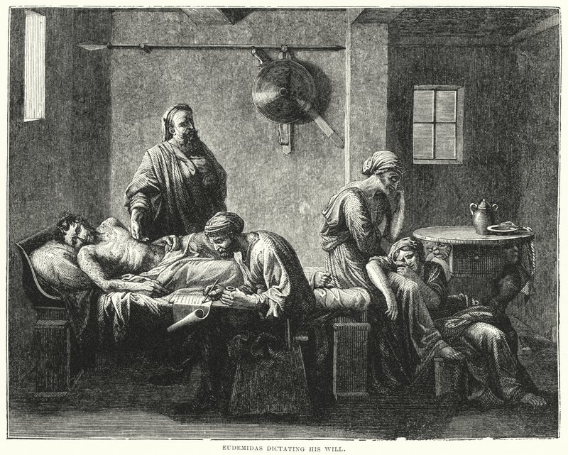 Eudemidas diktuje svou vůli (rytina) od Nicolas (after) Poussin