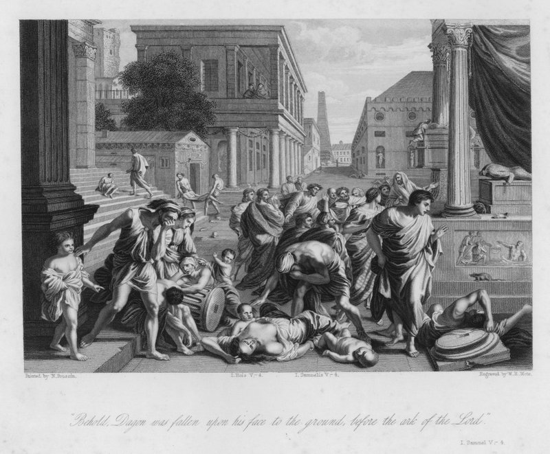 The Fall of Dagon, I Samuel V, 4 (rytina) od Nicolas (after) Poussin