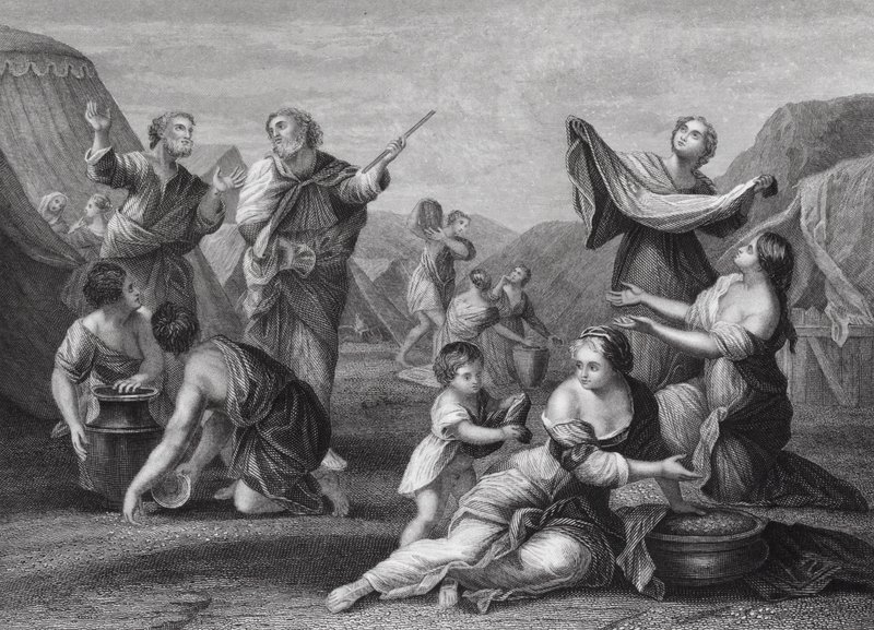 Pád many, Exodus, kap. 16, verš 14, 24 (rytina) od Nicolas (after) Poussin