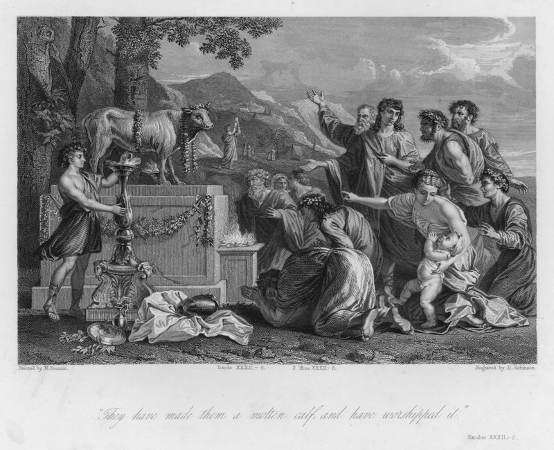 Zlaté tele, Exodus XXXII, 8 (rytina) od Nicolas (after) Poussin