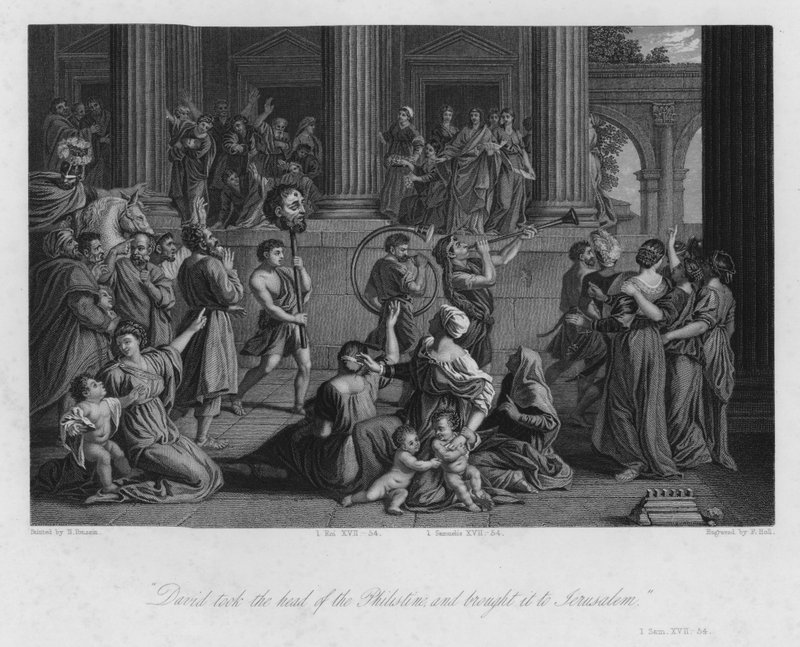 The Triumph of David, I Samuel XVII, 54 (rytina) od Nicolas (after) Poussin