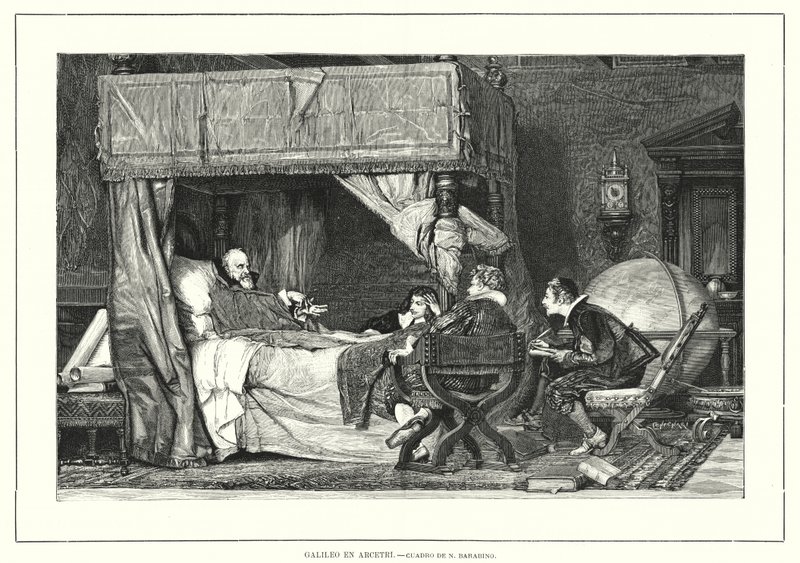Italský astronom Galileo Galilei v Arcetri, Itálie, kde zemřel v roce 1642 (litho) od Nicolo (after) Barabino
