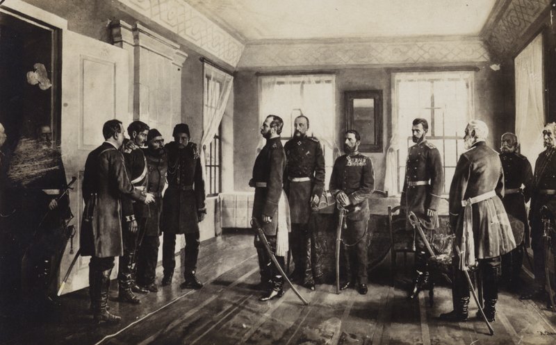 Zajatý osmanský generál Osman Pasha darovaný caru Alexandrovi II. Ruska po kapitulaci při obléhání Plevenu, rusko-turecké války v letech 1877-1878 od Nikolai Dmitrievich Dmitriev Orenburgsky