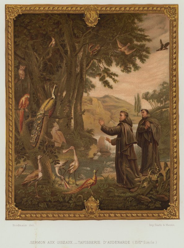 Kázání svatého Františka z Assisi k ptákům (barva lito) od Nordmann (after)