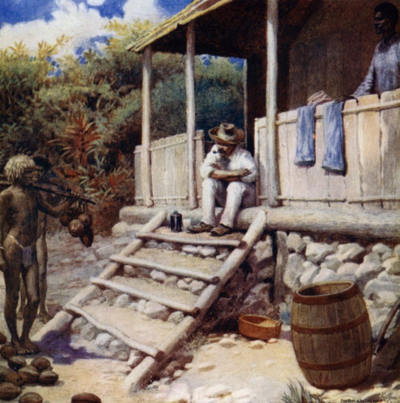 Obchodník přijímající kakaové ořechy, Aoba, Nové Hebridy (barva litho) od Norman Hardy