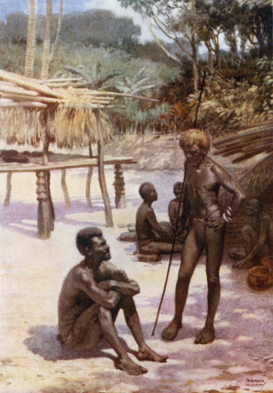 Yam Shed na ostrově Tierra Espiritu Santo, Nové Hebridy (barva litho) od Norman Hardy