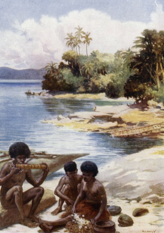 Čas večeře v Kwato, Britská Nová Guinea (barevné lito) od Norman Hardy