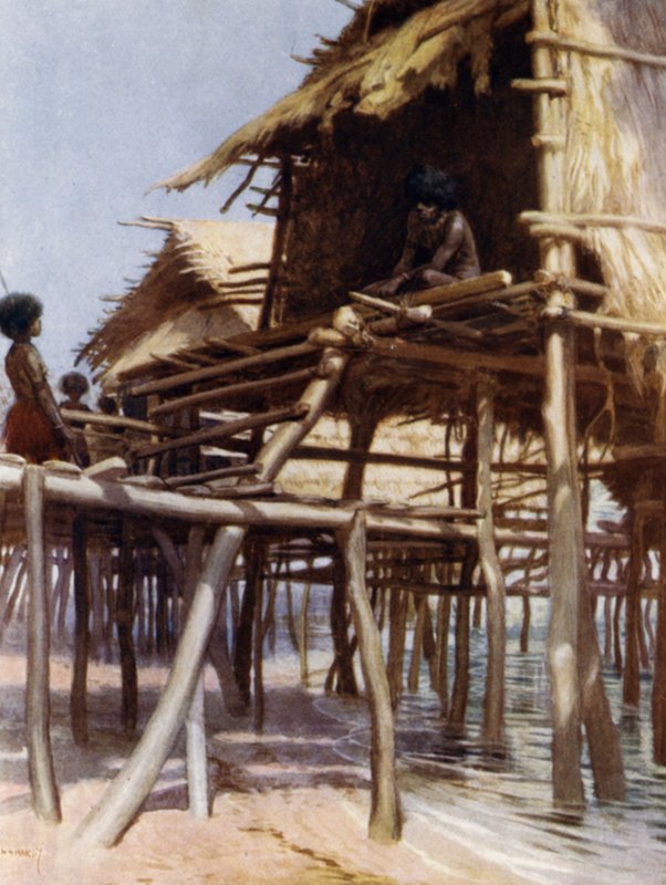 V Pile Dwellings v Hanuabadě, Port Moresby, Britská Nová Guinea (barva litho) od Norman Hardy