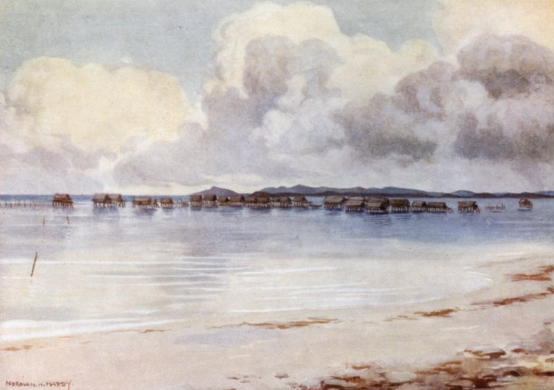 Marine Village, Tupusuli, Britská Nová Guinea (barevné lito) od Norman Hardy