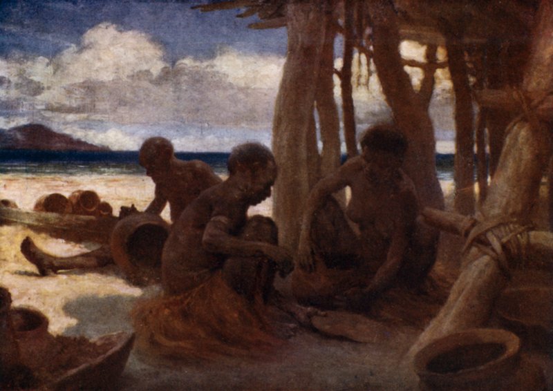 Staré ženy vyrábějící keramiku, Britská Nová Guinea (barevné lito) od Norman Hardy