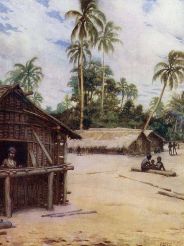Solomon Island Village, poblíž Marau Sound, New Florida (barevné lito) od Norman Hardy